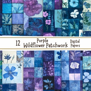 May include: A set of 12 digital papers featuring a patchwork design of purple and blue wildflowers. The papers are perfect for scrapbooking, card making, and other crafting projects.