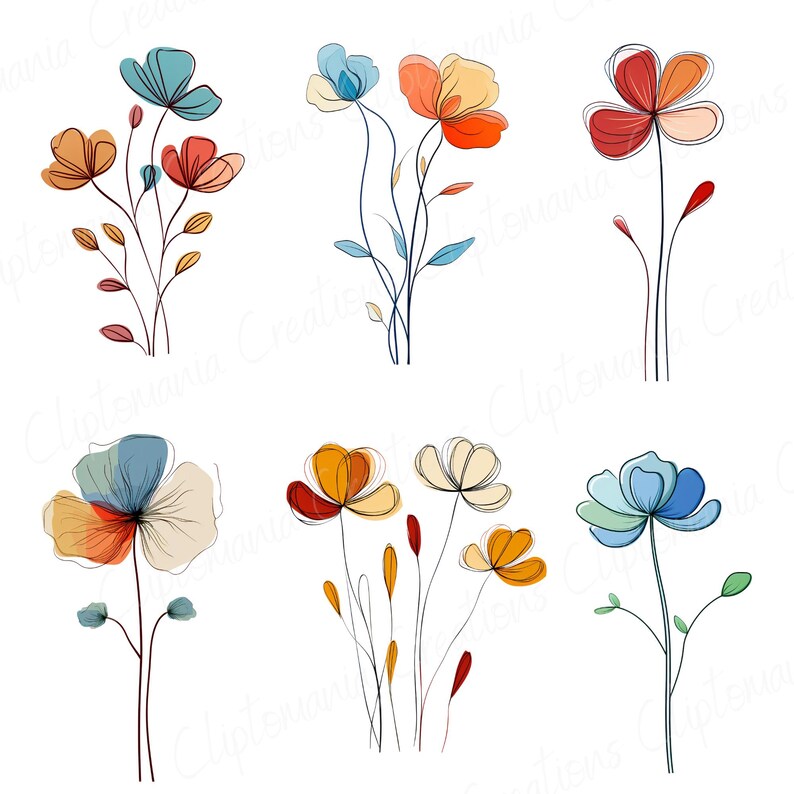 May include: Six abstract flower illustrations in various colors, including blue, red, orange, and yellow. The flowers are drawn with thin lines and have a watercolor effect.