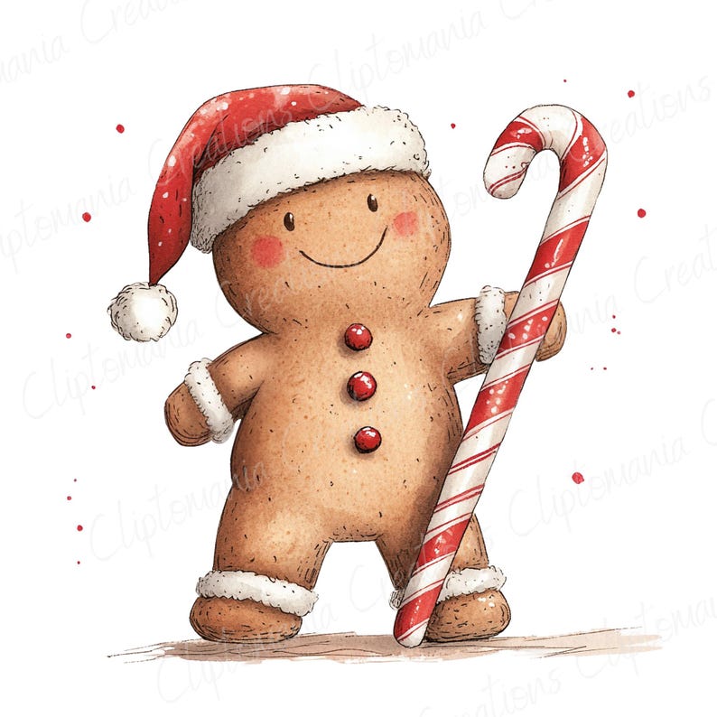 Puede incluir: Ilustraci&oacute;n en acuarela de un hombre de jengibre con un gorro de Pap&aacute; Noel y un bast&oacute;n de caramelo. El hombre de jengibre tiene una cara sonriente, botones rojos y adornos blancos. El bast&oacute;n de caramelo es a rayas rojas y blancas.