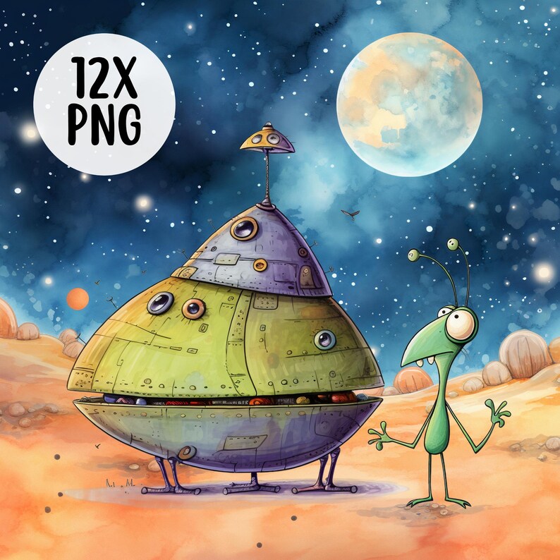 May include: A cartoon illustration of a green alien with large eyes and a spaceship with a dome-shaped top. The spaceship is on a planet with a red moon in the background. The image is in a watercolor style.