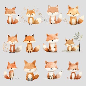 Cute Watercolour Fox Clipart Bundle 12 PNG, Transparent Backgrounds, Commercial Use, Woodland Animal, Children's Clipart, Nursery Decor image 12