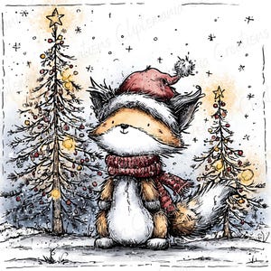 May include: A watercolor illustration of a fox wearing a Santa hat and scarf, standing between two decorated Christmas trees. The fox has orange fur, a white face, and a red and white hat. The trees are adorned with ornaments and topped with stars.