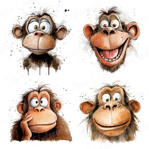 Cute And Funny Monkey Faces PNG Clipart Bundle, Transparent Backgrounds, Funny Jungle Animal Clipart, Quirky Watercolour Monkey Graphics image 5