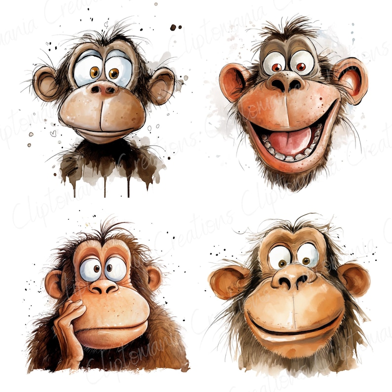 Cute And Funny Monkey Faces PNG Clipart Bundle, Transparent Backgrounds, Funny Jungle Animal Clipart, Quirky Watercolour Monkey Graphics image 5
