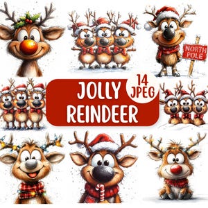May include: A collection of whimsical cartoon reindeer illustrations. Each reindeer has a unique expression and is adorned with festive accessories like Santa hats, scarves, and Christmas lights. The image includes the text "JOLLY REINDEER" and "14 JPEG".