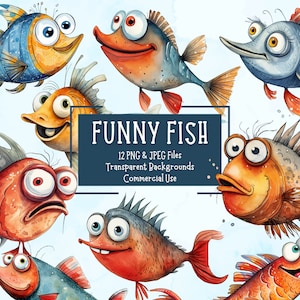 Pacote de clipart de peixe engraçado 12 arquivos PNG e JPEG | Fundos Transparentes | Uso Comercial | Artesanato de papel digital | Peixe aquarela para impressão