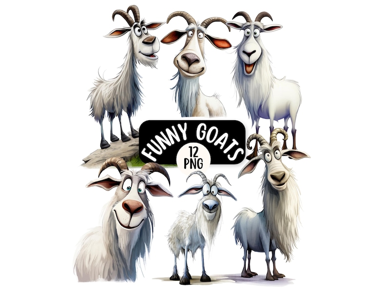 Funny Goat Clipart Bundle 12 PNG, Quirky Mountain Goat, Junk Journal, Digital Scrapbooking, Funny Animal Clipart, Quirky Animals image 1