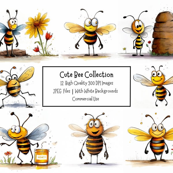 Cute And Funny Bumble Bee Clipart Bundle | 12 High Quality 300DPI Images | With Backgrounds | Commercial Use | Junk Journal | Paper Craft