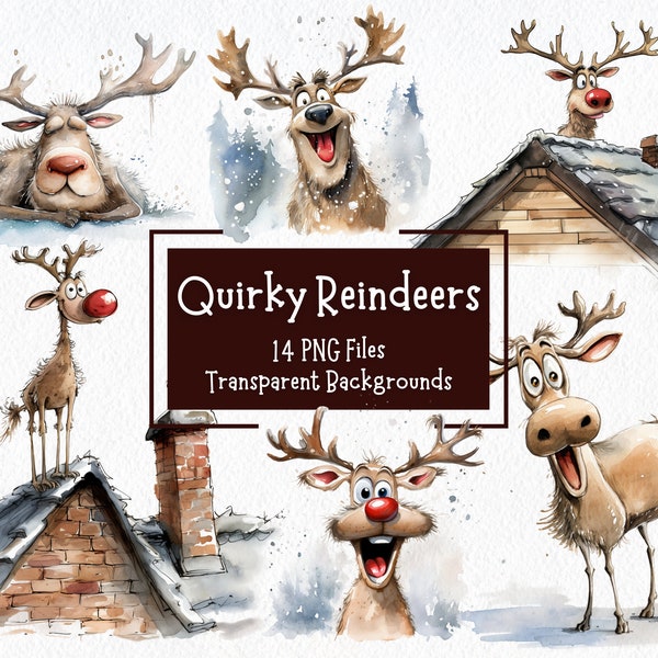 Funny And Cute Reindeer Clipart Bundle 14 PNG | Transparent Backgrounds | Commercial Use | Junk Journal | Card Making | Christmas Clipart