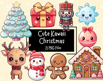 May include: A set of 21 cute kawaii Christmas illustrations featuring a gingerbread house, a gingerbread man, a snowman, a reindeer, a Christmas tree, a nutcracker, a snowflake, and a Christmas ornament.  The illustrations are in a cartoon style and are perfect for adding a touch of whimsy to your holiday projects.