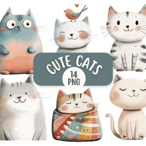 Paquete de 14 imágenes prediseñadas PNG de gatos lindos / Descarga digital para uso comercial / Imágenes prediseñadas de gatitos lindos / Gatos en acuarela / Diseños para hacer tarjetas imprimibles