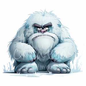 May include: A cartoon illustration of a grumpy yeti with thick, shaggy white fur, dark blue-grey eyebrows, and a prominent snout. The creature has large, rounded paws with dark grey pads and a stern facial expression with a downturned mouth.