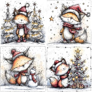 May include: Four watercolor illustrations of a fox in a winter scene. Each fox wears a red hat and scarf. One fox stands near Christmas trees, another smiles with stars, a third builds a snowman, and the last one stands by a decorated tree.
