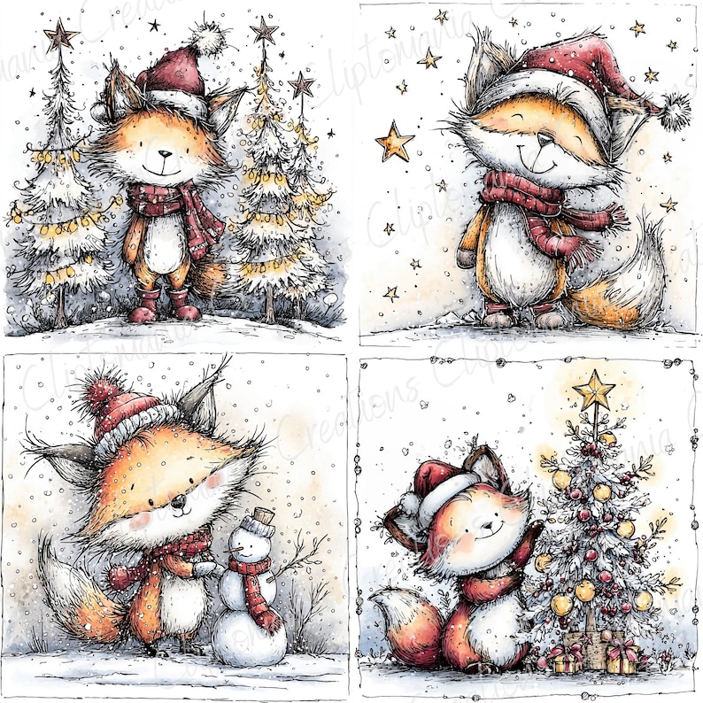 May include: Four watercolor illustrations of a fox in a winter scene. Each fox wears a red hat and scarf. One fox stands near Christmas trees, another smiles with stars, a third builds a snowman, and the last one stands by a decorated tree.