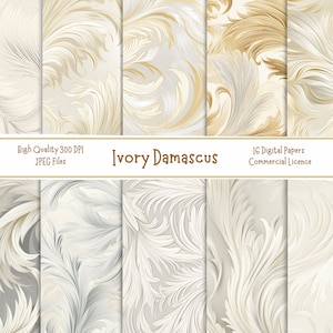 May include: 16 digital papers featuring a white and gold damask pattern. The papers are high quality, 300 DPI JPEG files and are for commercial use.