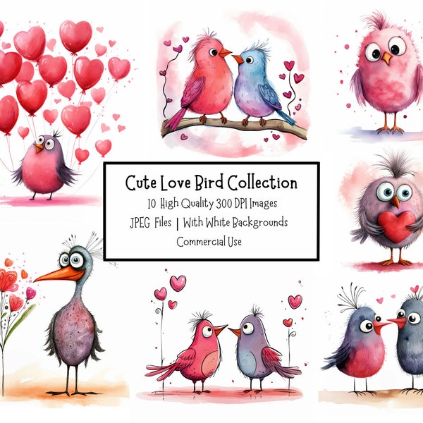 Cute Love Bird Clipart Bundle | 10 High Quality JPEG Files With Backgrounds | Commercial Use | Digital Paper Craft | Valentines Day Clipart