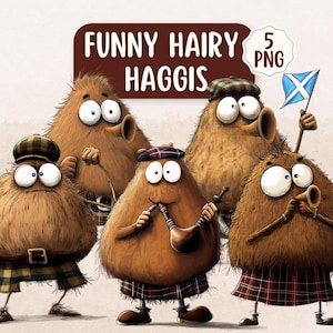 Lot de 5 cliparts drôles de Haggis poilu | Fonds transparents | Utilisation commerciale | Clipart écossais drôle | Conceptions de fabrication de cartes