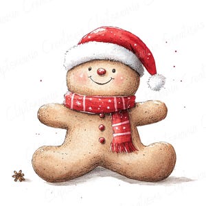 Puede incluir: Ilustraci&oacute;n en acuarela de un hombre de jengibre con un gorro de Pap&aacute; Noel y una bufanda roja con estrellas blancas. El hombre de jengibre tiene mejillas rosadas, una nariz roja y una expresi&oacute;n sonriente. Una peque&ntilde;a an&iacute;s estrellado est&aacute; en la esquina inferior izquierda.