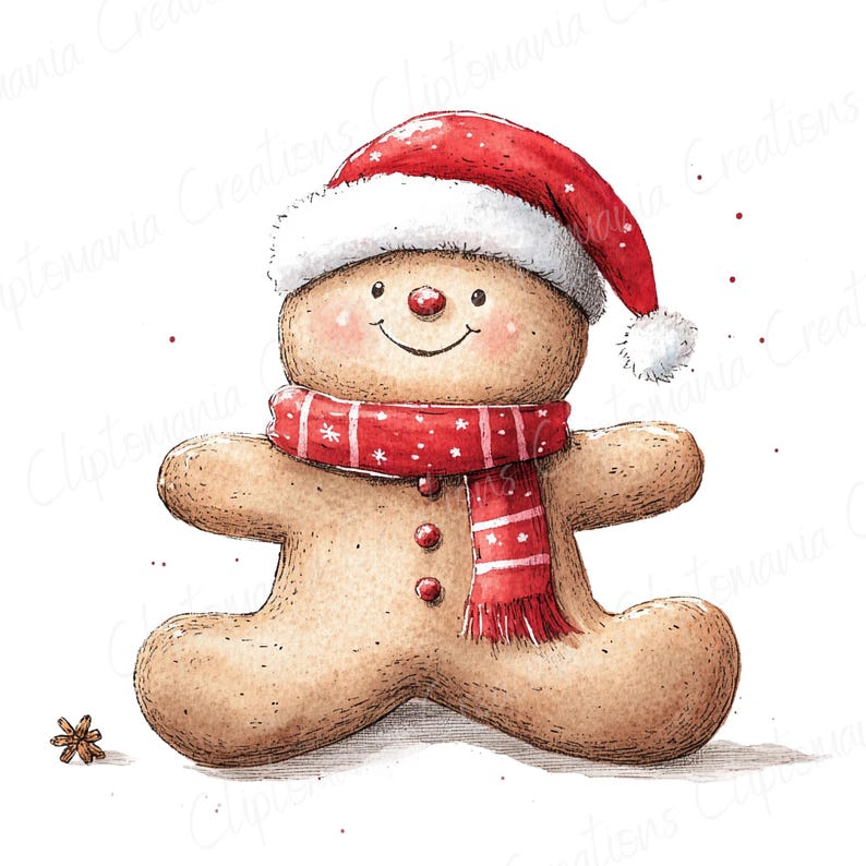 Puede incluir: Ilustraci&oacute;n en acuarela de un hombre de jengibre con un gorro de Pap&aacute; Noel y una bufanda roja con estrellas blancas. El hombre de jengibre tiene mejillas rosadas, una nariz roja y una expresi&oacute;n sonriente. Una peque&ntilde;a an&iacute;s estrellado est&aacute; en la esquina inferior izquierda.