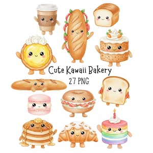 Könnte beinhalten: Aquarellillustration verschiedener Backwaren mit niedlichen Gesichtern, darunter eine Kaffeetasse, ein Baguette, ein Kuchen und ein Croissant. Das Bild enthält den Text "Cute Kawaii Bakery 27 PNG".