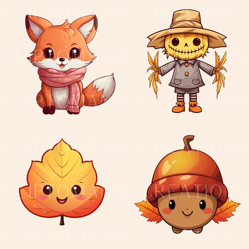 May include: Four cute cartoon characters with autumn themes. A red fox wearing a pink scarf, a scarecrow with a straw hat, a yellow leaf with a smiling face, and a brown acorn with a smiling face.