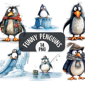 Paquete de 14 imágenes prediseñadas PNG de pingüinos divertidos y extravagantes / Fondos transparentes / Uso comercial / Imágenes prediseñadas de animales árticos / Lindos gráficos de invierno