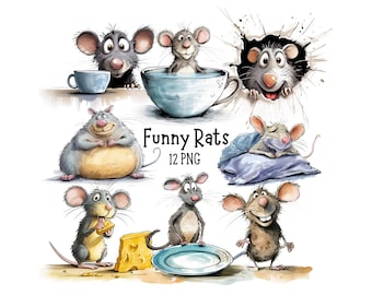 Funny Rat PNG Clipart Bundle, Quirky Rat Clipart, Cute Rat PNG, Digital Download, Funny Animal Clipart, Watercolour Rats