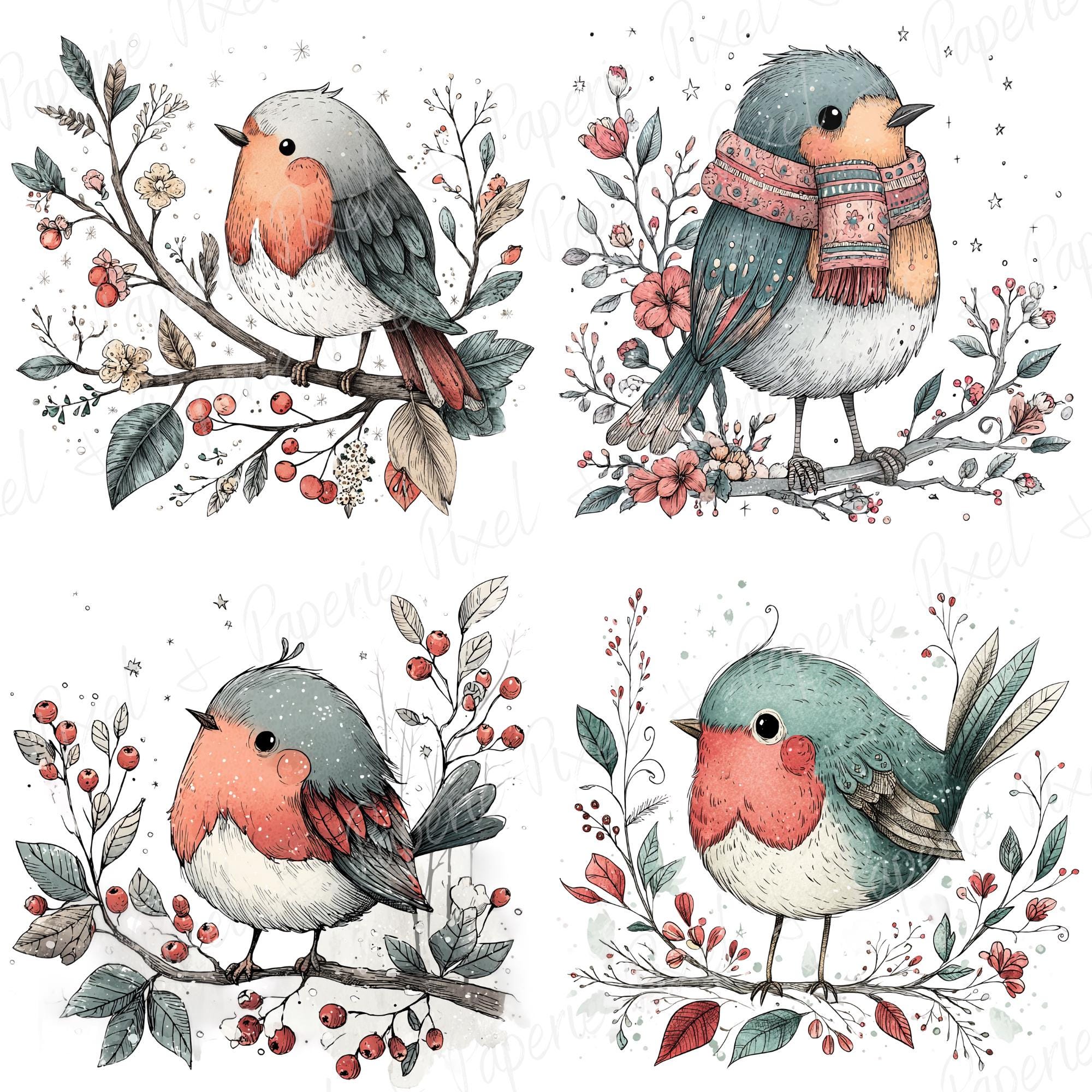 10 PNG Cute Christmas Robin Clipart Bundle, Transparent Backgrounds ...