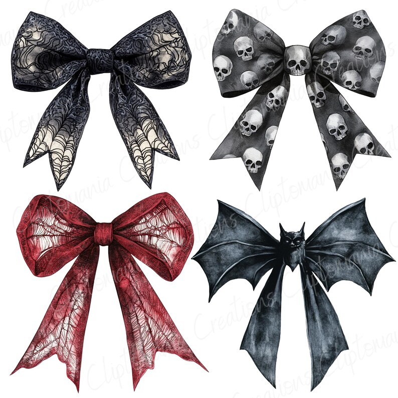 May include: Four decorative bows with a Halloween theme. One bow is black with a spiderweb design, another is black with skulls, a third is red with a spiderweb design, and the last is a black bat.