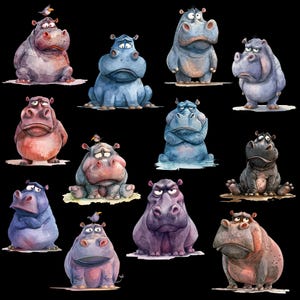 Cute & Funny Unhappy Hippo Clipart Bundle, 12 PNG Transparent Backgrounds, Digital Download, Funny Watercolour Animals, Safari Animal PNG image 8