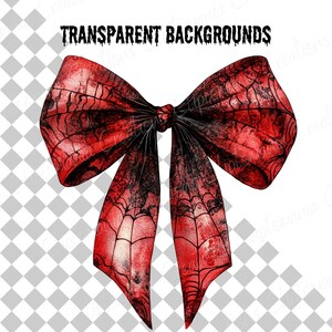 May include: A digitally created red bow with black spiderweb detailing. The bow has a watercolor effect and the text "TRANSPARENT BACKGROUNDS" is above the bow. The bow is set against a transparent background.