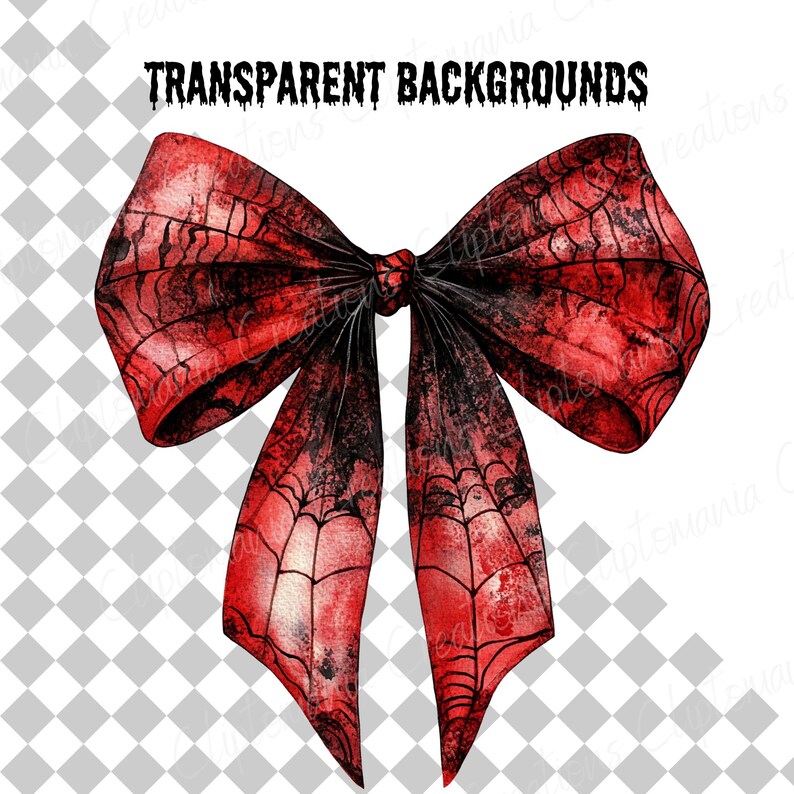 May include: A digitally created red bow with black spiderweb detailing. The bow has a watercolor effect and the text "TRANSPARENT BACKGROUNDS" is above the bow. The bow is set against a transparent background.