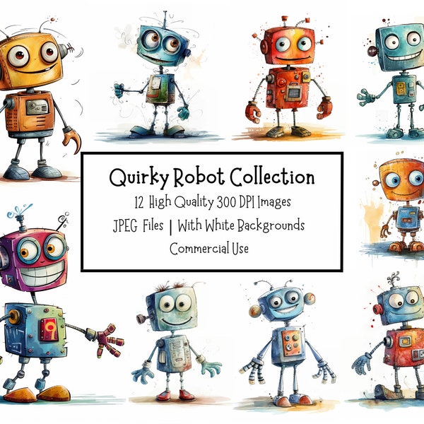 Quirky Robot Clipart Bundle | 12 High Quality JPEG Files With White Backgrounds | Commercial Use | Digital Paper Craft | Junk Journal