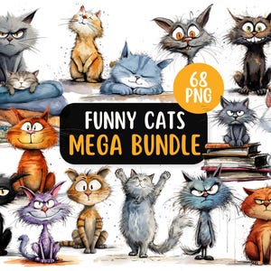 68 Mega Bundle de gatos lindos, divertidos y extravagantes PNG / Fondos transparentes / Gráficos de mascotas extravagantes / Uso comercial / Clipart de gato gruñón