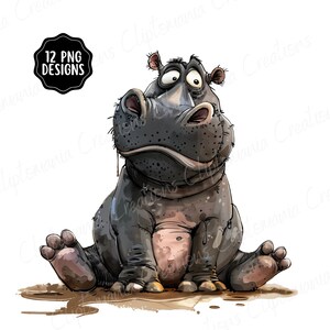 Cute & Funny Unhappy Hippo Clipart Bundle, 12 PNG Transparent Backgrounds, Digital Download, Funny Watercolour Animals, Safari Animal PNG image 3