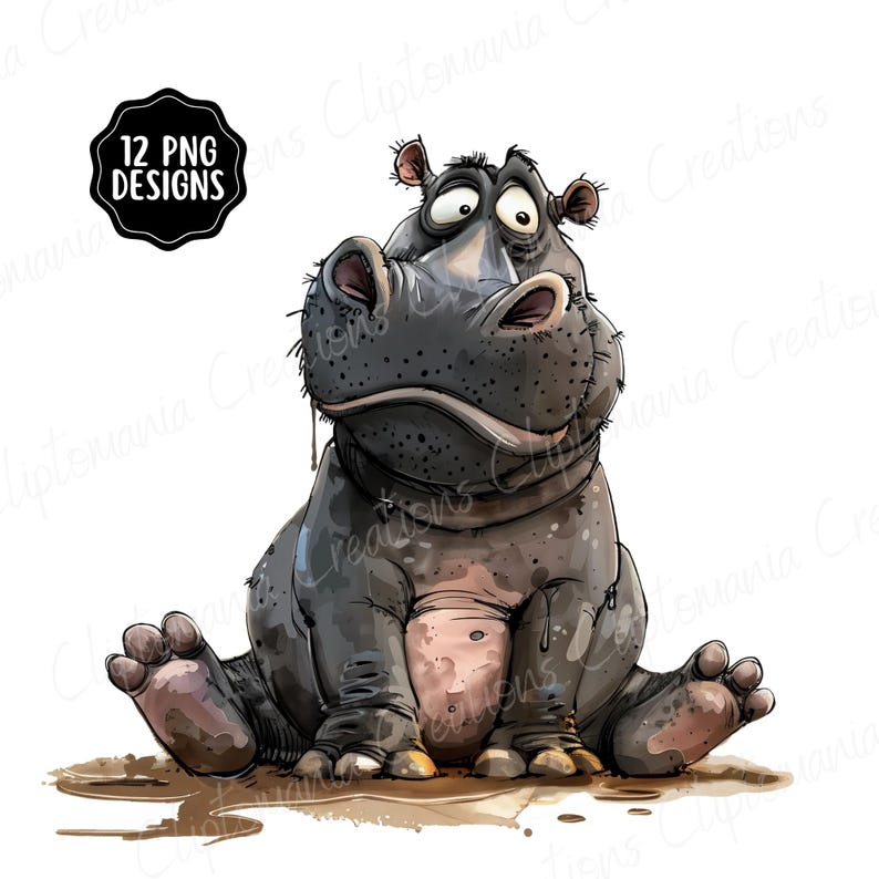 Cute & Funny Unhappy Hippo Clipart Bundle, 12 PNG Transparent Backgrounds, Digital Download, Funny Watercolour Animals, Safari Animal PNG image 3