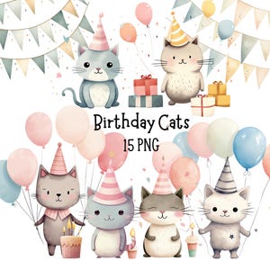 Cute Watercolour Cats Birthday Clipart Bundle | Digital Download | Children's Printable Birthday Party Graphics