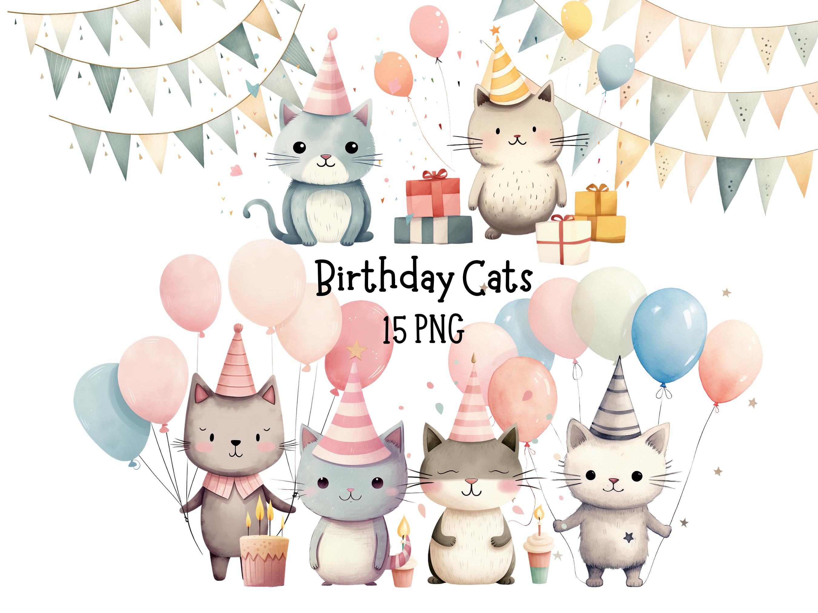 Cute Watercolour Cats Birthday Clipart Bundle | Digital Download ...