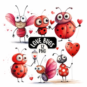 Cute Love Bug PNG Clipart Bundle, Transparent Backgrounds, Cute Valentines Clipart, Funny Bug PNG, Mothers Day Clipart, Love Clipart