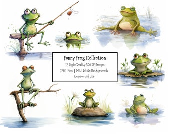 Süße und lustige Frosch Clipart Bundle | 12 Hochwertige 300DPI Bilder | Kommerzielle Nutzung | Digitaler Download | Junk Journal | Papierkunst