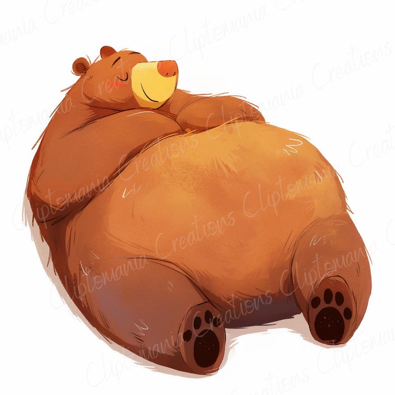 Pu&ograve; includere: Un orso marrone con il naso giallo e gli occhi chiusi &egrave; sdraiato sulla schiena con le zampe in aria. L'orso sorride e sembra dormire.