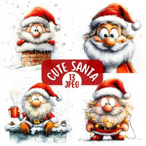 May include: Watercolor illustrations of Santa Claus in various poses. Each Santa wears a red hat and suit with a white beard. One Santa is on a chimney, another is holding a mug, and another is adorned with lights. The image includes the text "CUTE SANTA 13 JPEG".