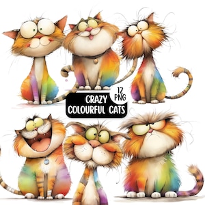 Crazy kleurrijke kat clipartbundel, 12 png-leuke grappige en eigenzinnige katten, grappig huisdier voor kaart maken, afdrukbare grillige aquarel katten