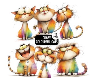 Crazy Colourful Cat Clipart Bundle, 12 PNG Cute Funny & Quirky Cats, Funny Pet Animal For Card Making, Printable Whimsical Watercolour Cats