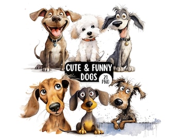 Süß und lustig Aquarell Hund PNG Clipart Bundle, schrullige Hunderasse Clipart, druckbare lustige Tiergrafiken, digitaler Download, schrullige Hunde