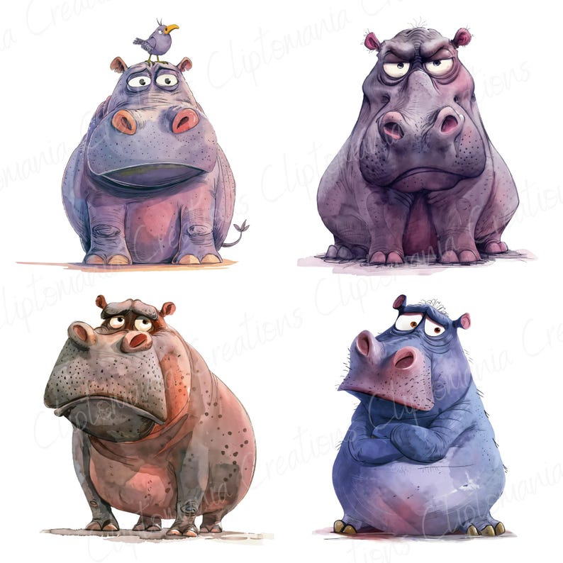 Cute & Funny Unhappy Hippo Clipart Bundle, 12 PNG Transparent Backgrounds, Digital Download, Funny Watercolour Animals, Safari Animal PNG image 7