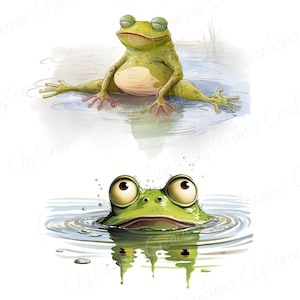 May include: Two green frogs in a pond. One frog is sitting on a lily pad with its legs stretched out. The other frog is swimming with its head above the water.