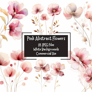 Lot de 18 fleurs abstraites roses et dorées | Images JPEG 300 ppp avec arrière-plans | Utilisation commerciale | Fleurs aquarelles imprimables