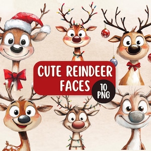 Cute Christmas Reindeer Faces 10 PNG Clipart Bundle | Transparent Background | Printable Cute & Funny Festive Graphics | Card Making Designs