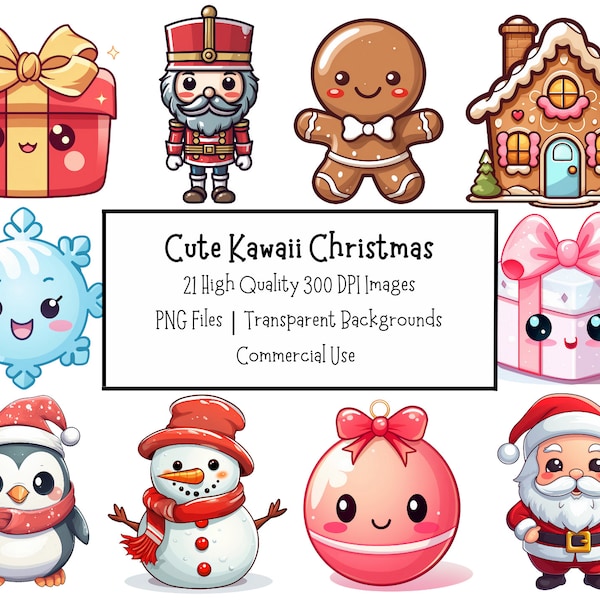 Cute Kawaii Christmas Clipart Bundle | 21 High Quality PNG Designs With Transparent Backgrounds | Commercial Licence | Fun Festive Clipart